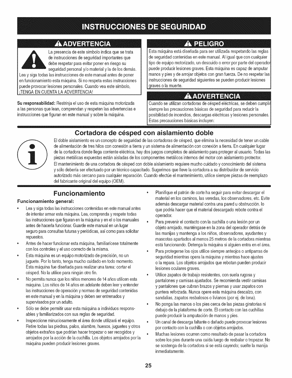 Aadvertencia, Cortadora de césped con aislamiento doble, Funcionamiento | Instrucciones de segurida, A peligro | Craftsman 247.370160 User Manual | Page 25 / 44