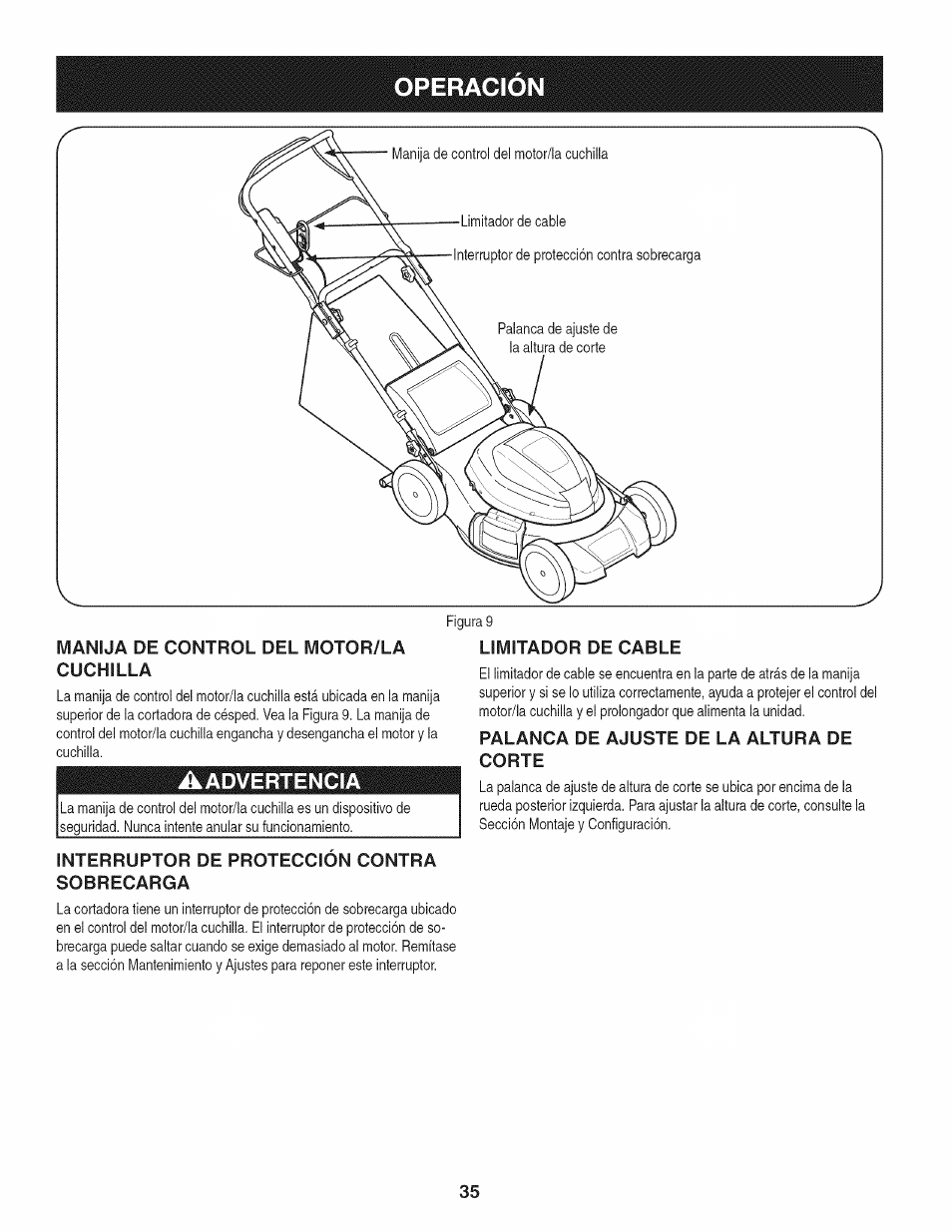 Manija de control del motor/la, Aadvertencia, Limitador de cable | Palanca de ajuste de la altura de corte, Interruptor de proteccion contra sobrecarga, Operacion | Craftsman 247.370160 User Manual | Page 35 / 44