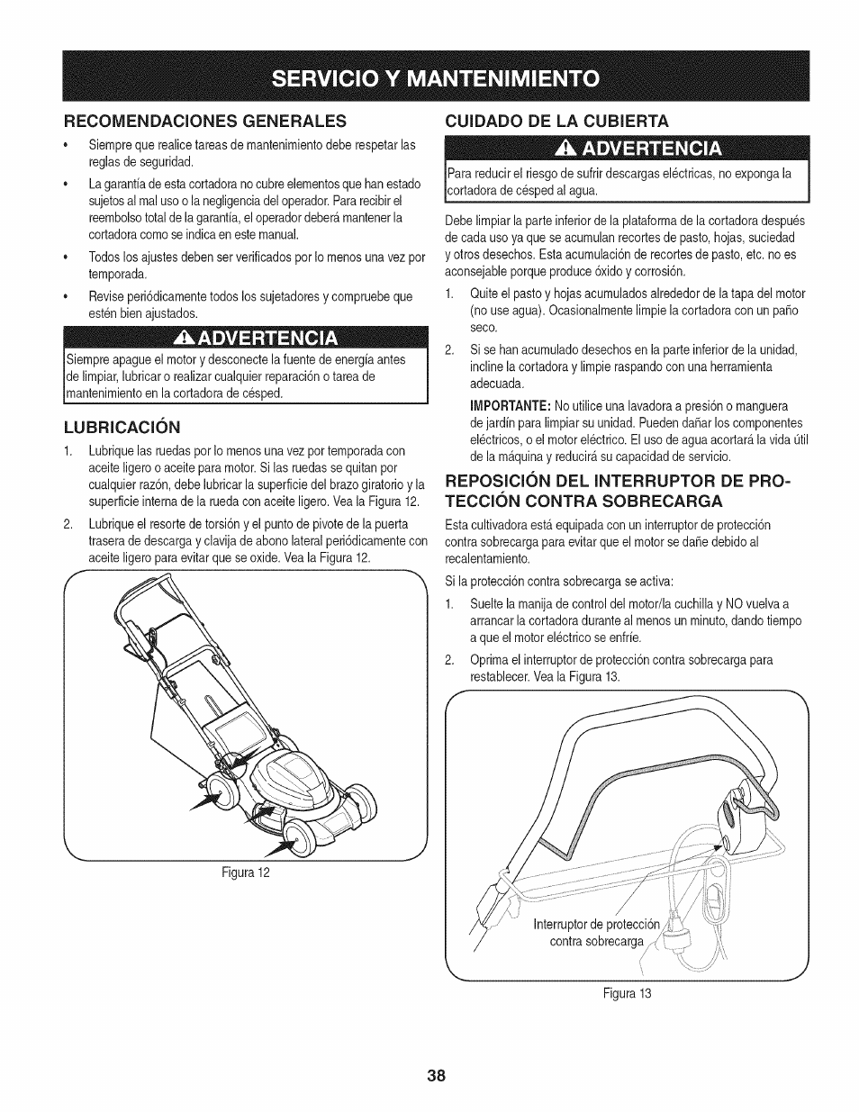Advertencia, Cuidado de la cubierta, A advertencia | Lubricacion, Servicio y mantenimiento | Craftsman 247.370160 User Manual | Page 38 / 44