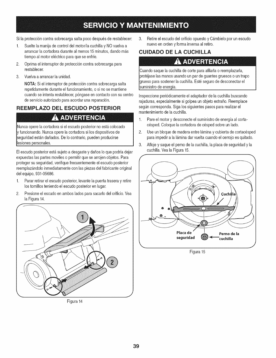 Reemplazo del escudo posterior, A advertencia, Cuidado de la cuchilla | Servicio y mantenimiento, Advertencia | Craftsman 247.370160 User Manual | Page 39 / 44