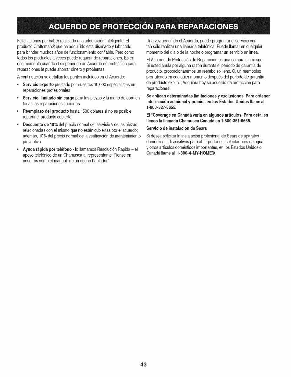 Acuerdo de proteccion para reparaciones | Craftsman 247.370160 User Manual | Page 43 / 44