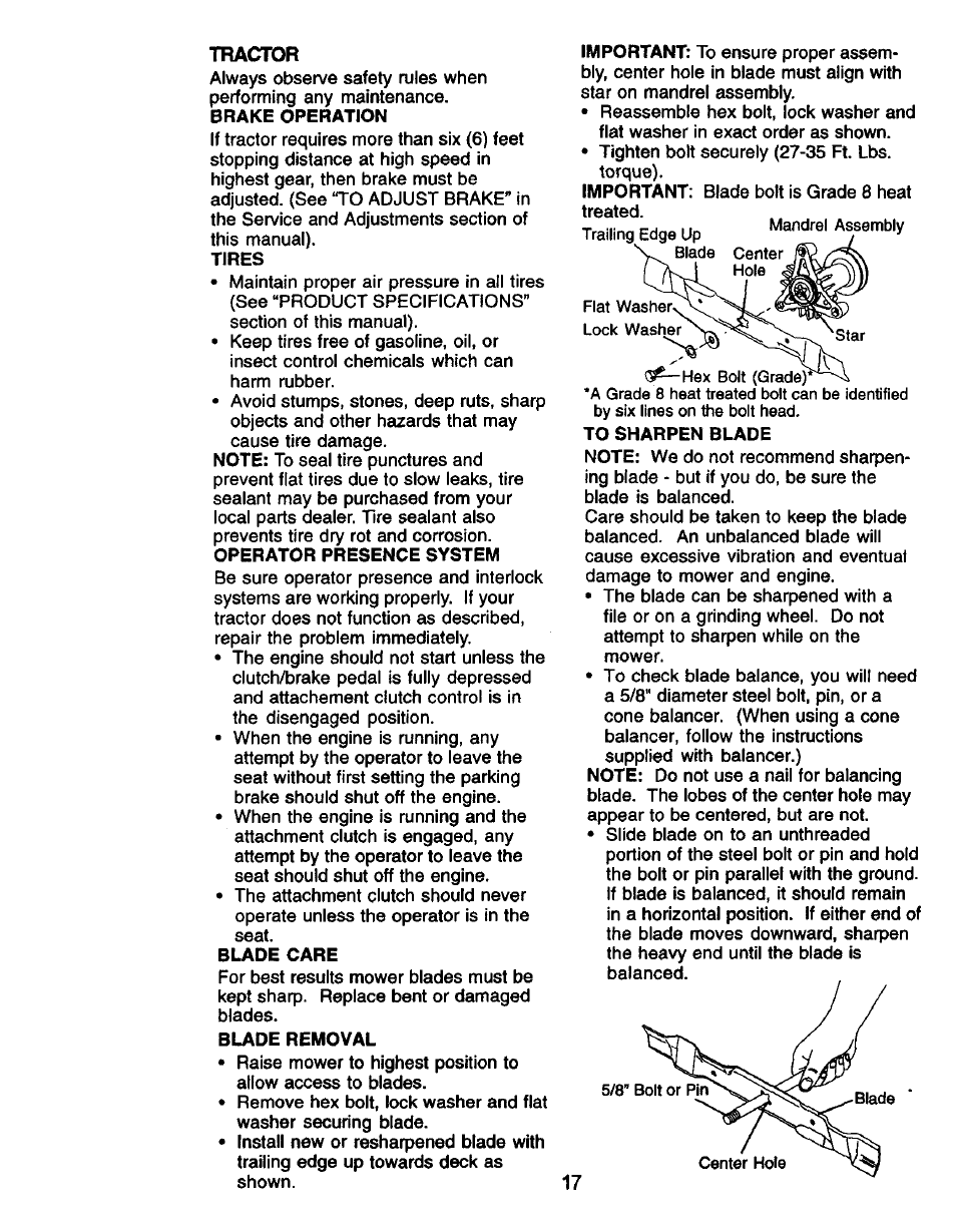 Tractor, Tires, Blade care | Blade removal | Craftsman 917.271050 User Manual | Page 17 / 60