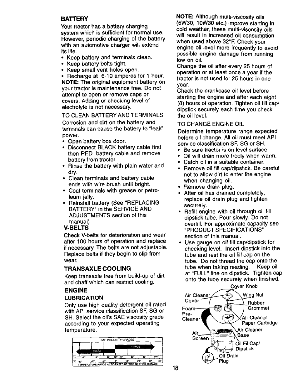 Battery, V-belts, Transaxle cooling | Engine, Lubrication, Nzztiziiss^süi | Craftsman 917.271050 User Manual | Page 18 / 60