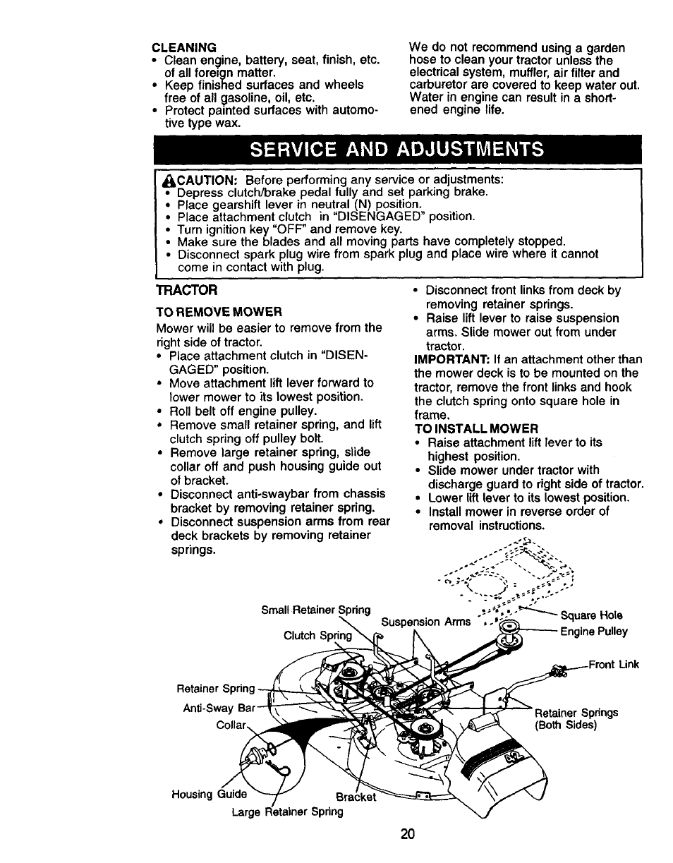 Service and adjustments, Tractor | Craftsman 917.271050 User Manual | Page 20 / 60