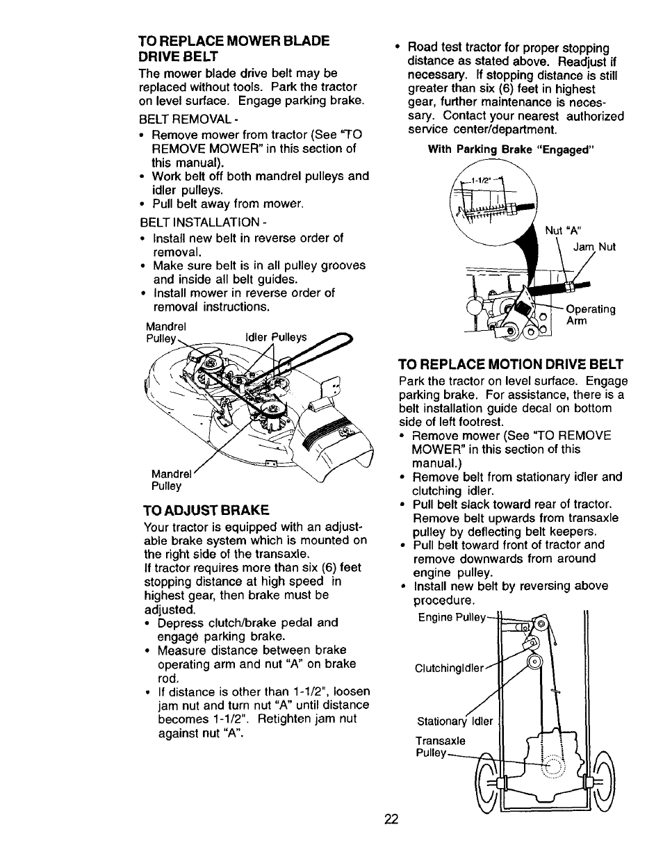 To replace mower blade drive belt, To adjust brake, To replace motion drive belt | Craftsman 917.271050 User Manual | Page 22 / 60