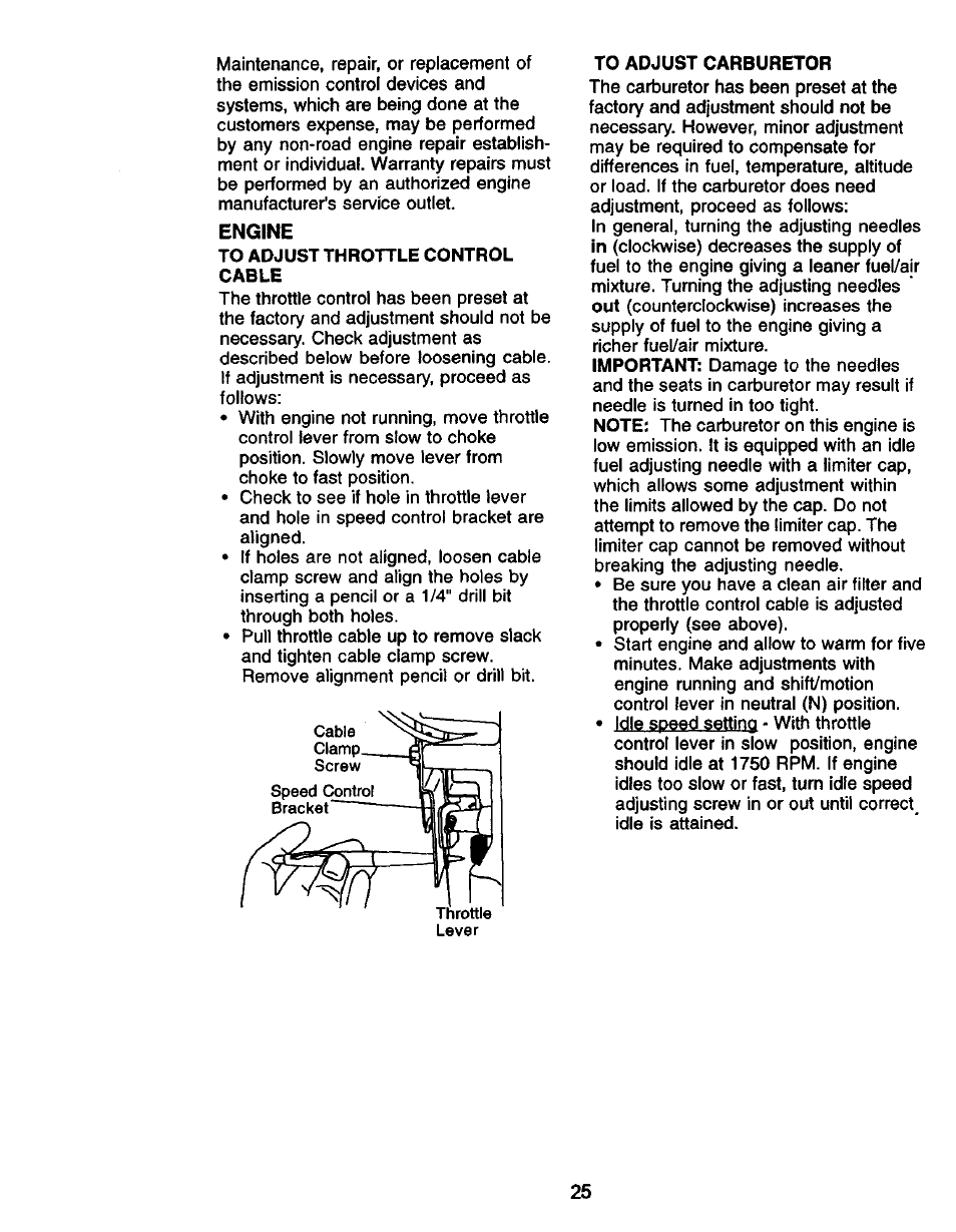 Engine, To adjust throttle control cable, To adjust carburetor | Craftsman 917.271050 User Manual | Page 25 / 60