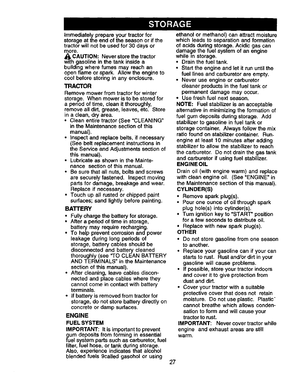 Storage, Tractor, Battery | Craftsman 917.271050 User Manual | Page 27 / 60