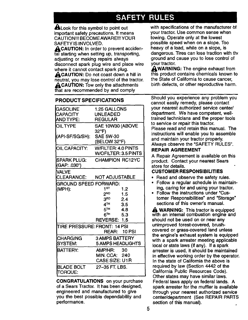 Customer responsibilities, Safety rules | Craftsman 917.271050 User Manual | Page 5 / 60