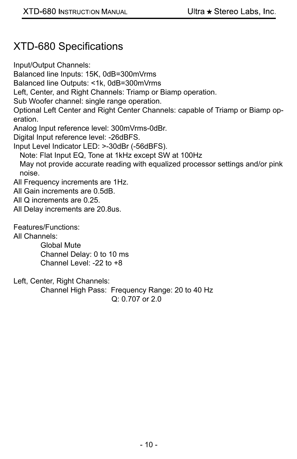 Xtd-680 specifications | USL XTD-680 User Manual | Page 10 / 12