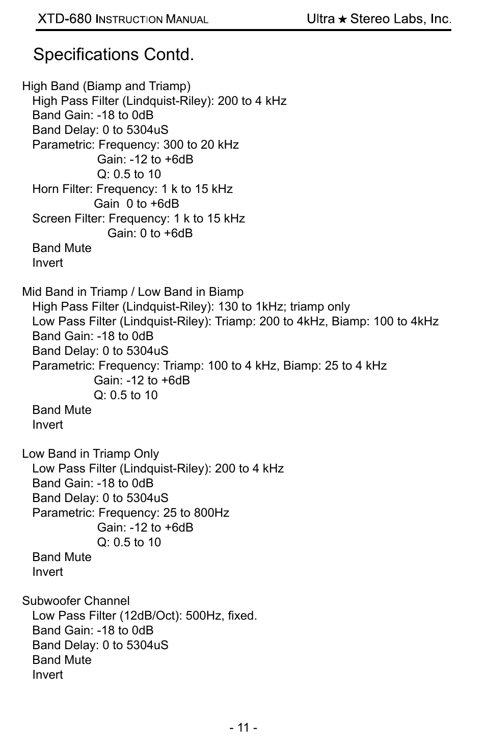 Specifications contd | USL XTD-680 User Manual | Page 11 / 12