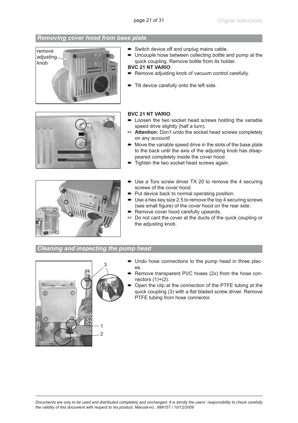 Removing cover hood from base plate, Cleaning and inspecting the pump head | VACUUBRAND BVC 21 NT VARIO User Manual | Page 21 / 31