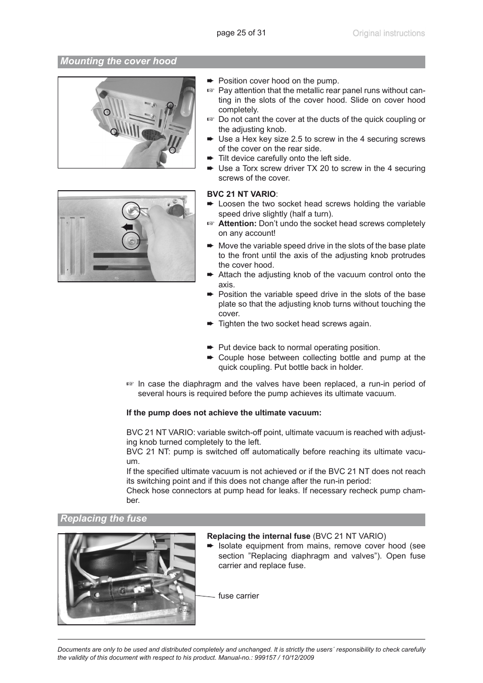 Mounting the cover hood, Replacing the fuse | VACUUBRAND BVC 21 NT VARIO User Manual | Page 25 / 31