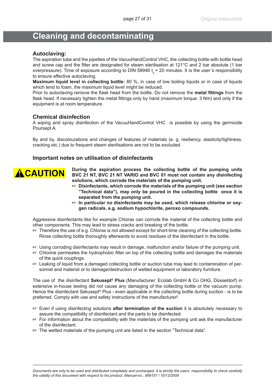 Cleaning and decontaminating | VACUUBRAND BVC 21 NT VARIO User Manual | Page 27 / 31
