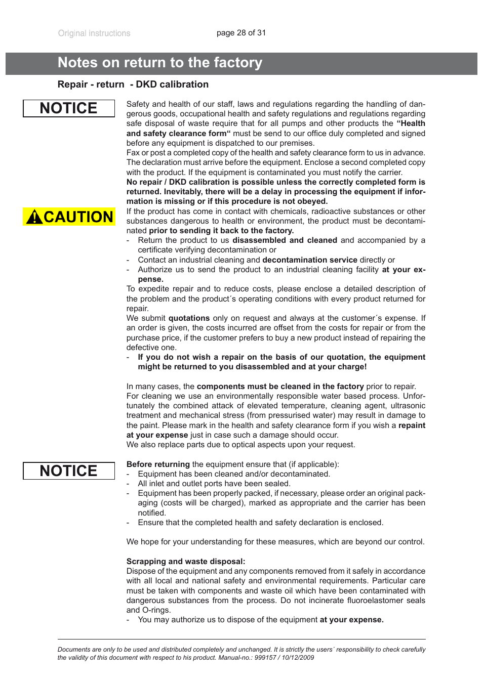 Notes on return to the factory, Notice | VACUUBRAND BVC 21 NT VARIO User Manual | Page 28 / 31