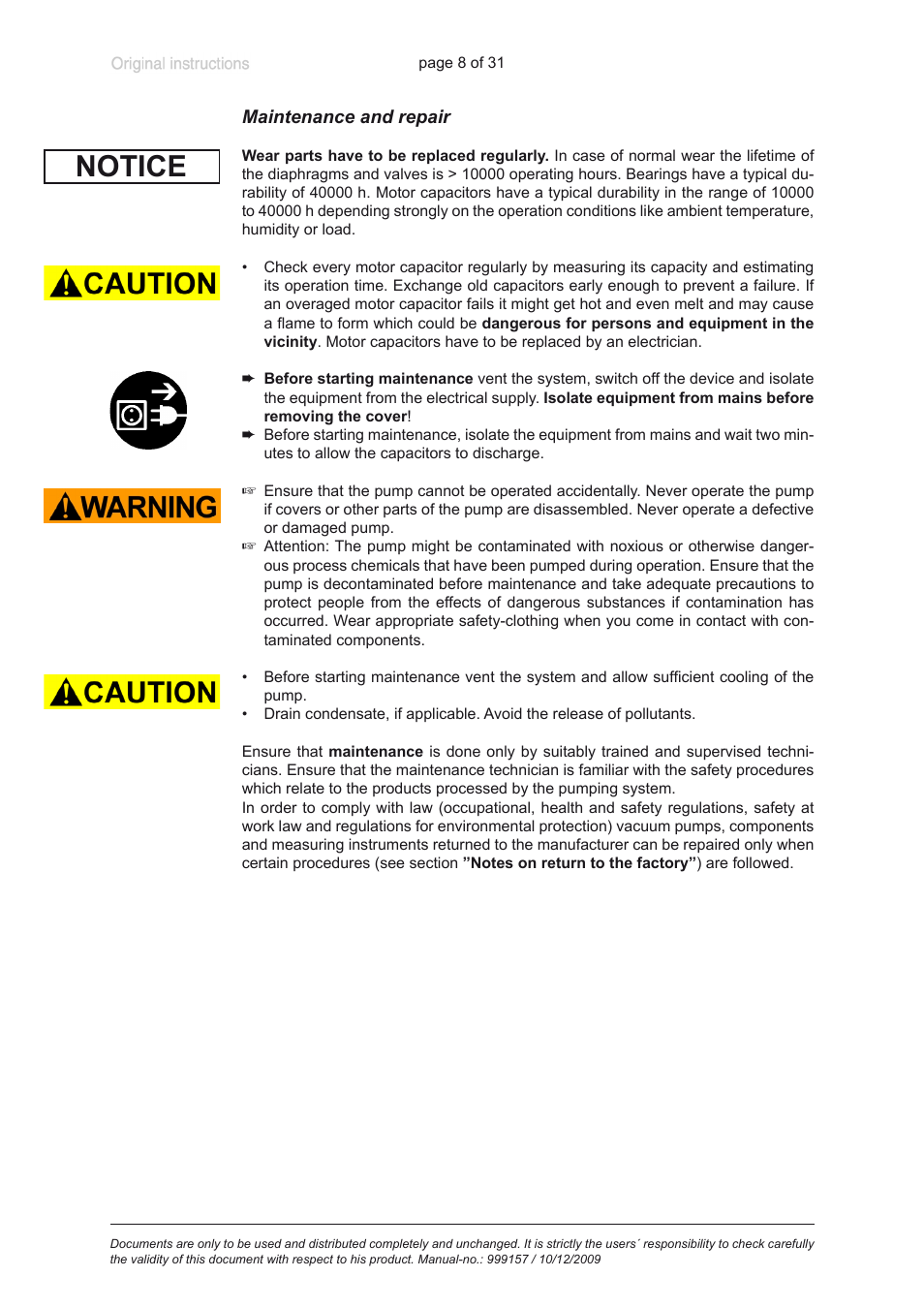 Maintenance and repair, Notice | VACUUBRAND BVC 21 NT VARIO User Manual | Page 8 / 31