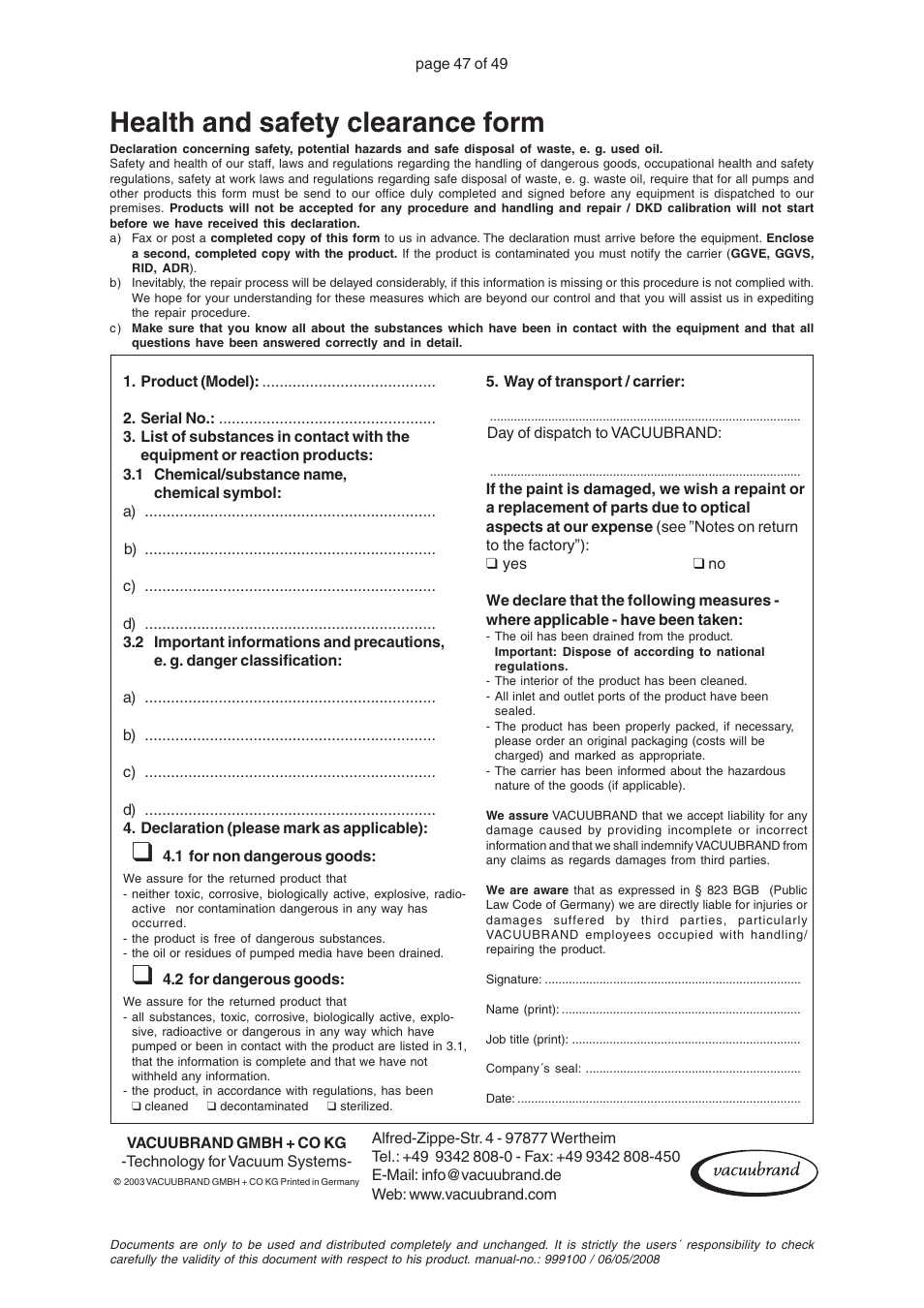 Health and safety clearance form | VACUUBRAND PC 2001 VARIO User Manual | Page 47 / 49