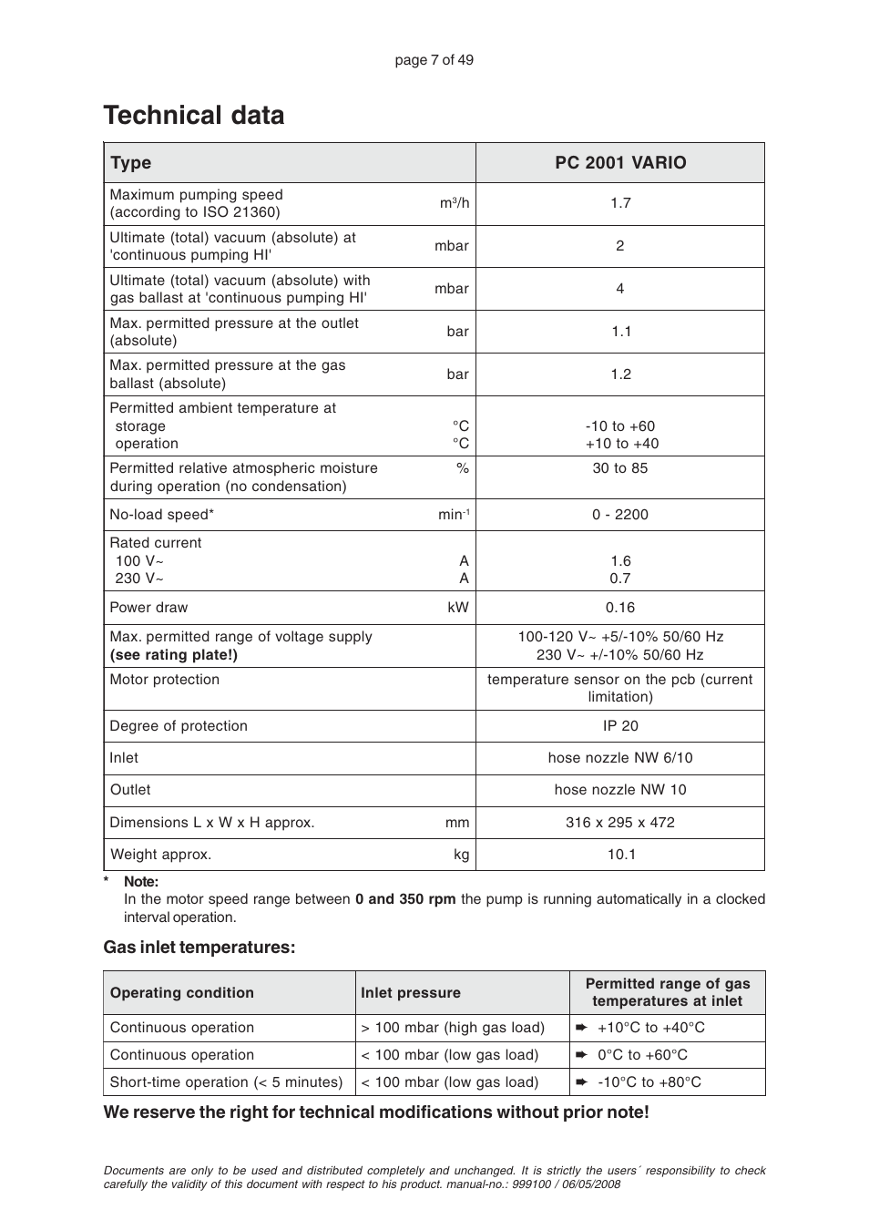 Technical data | VACUUBRAND PC 2001 VARIO User Manual | Page 7 / 49