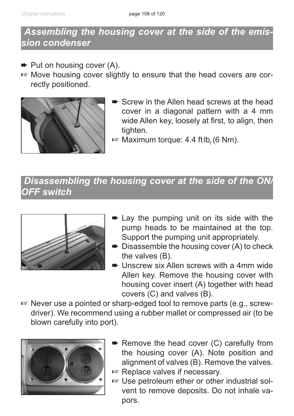 Assembling the housing cover, At the side of the emission condenser, Disassembling the housing cover | At the side of the on/off switch | VACUUBRAND PC 3001 VARIOpro emission condenser Peltronic User Manual | Page 108 / 120