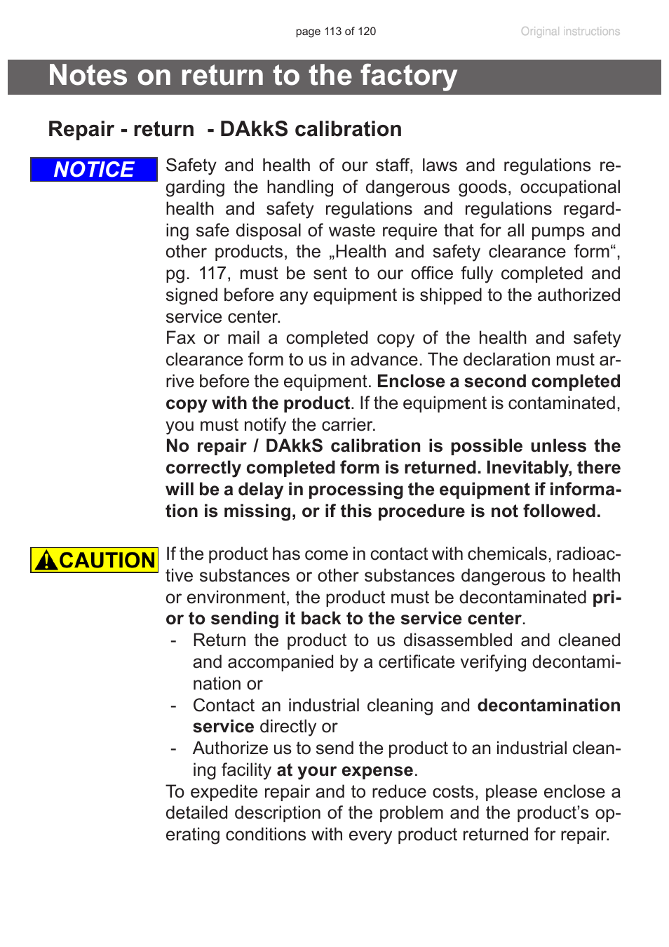 Notes on return to the factory, Repair - return - dakks calibration, Notice | VACUUBRAND PC 3001 VARIOpro emission condenser Peltronic User Manual | Page 113 / 120