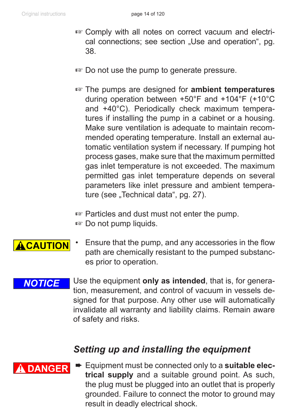 Setting up and installing the equipment, Notice | VACUUBRAND PC 3001 VARIOpro emission condenser Peltronic User Manual | Page 14 / 120