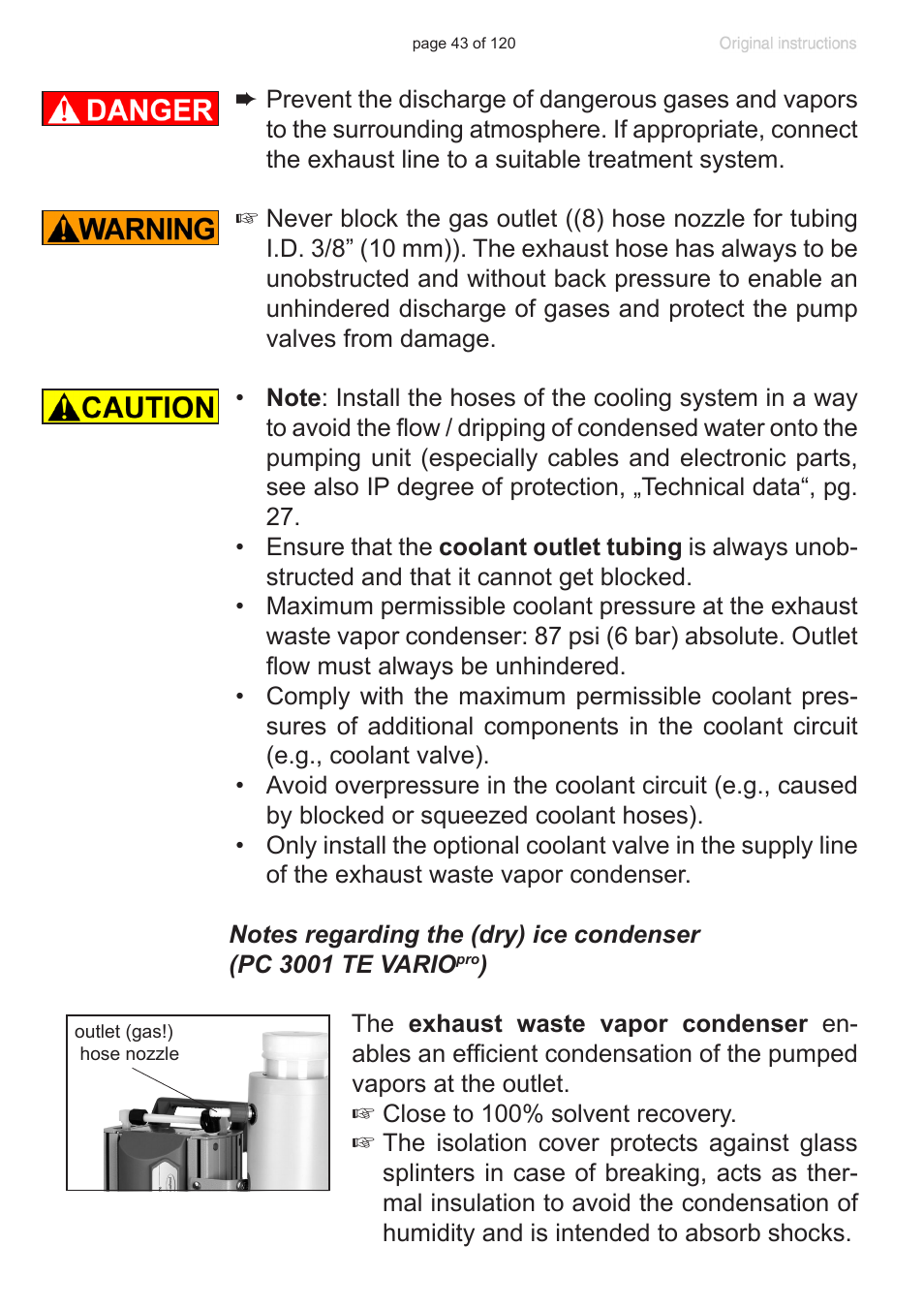 Notes regarding the (dry) ice condenser | VACUUBRAND PC 3001 VARIOpro emission condenser Peltronic User Manual | Page 43 / 120