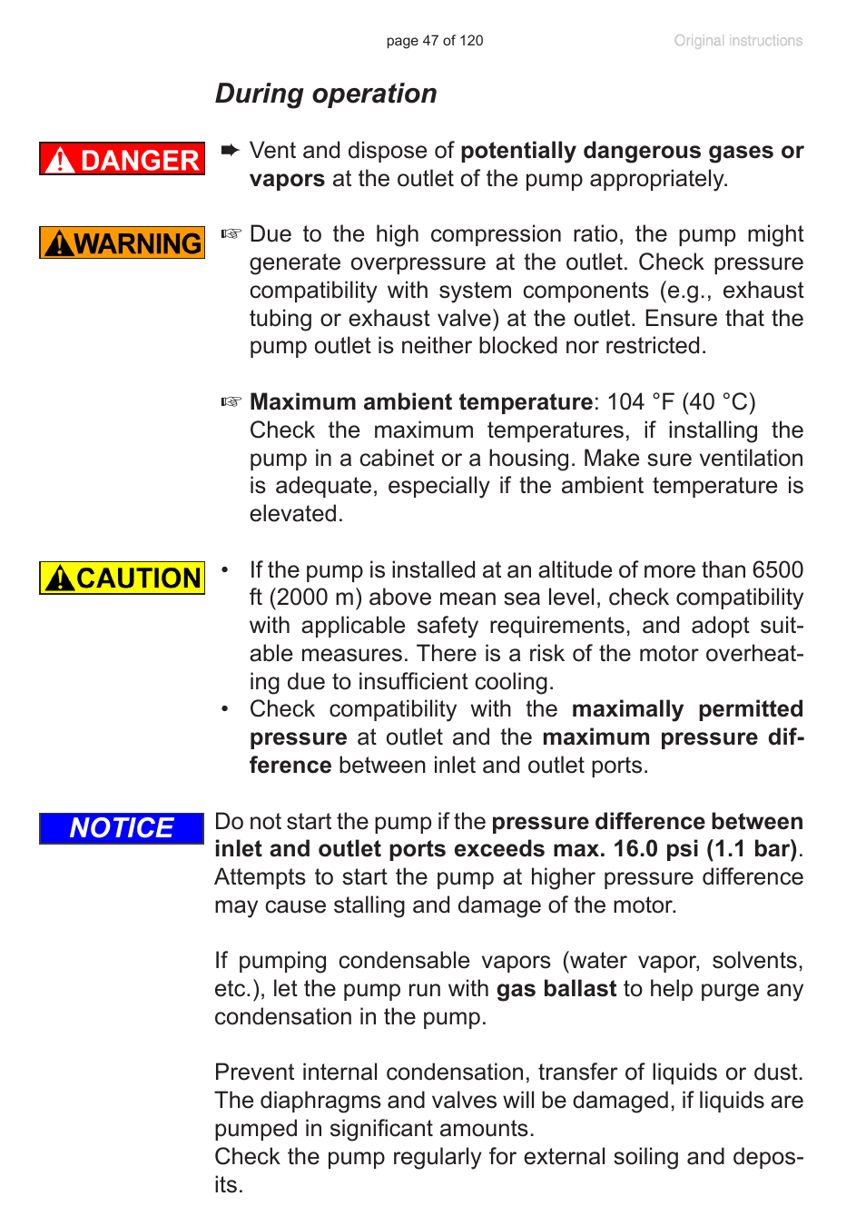 During operation, Notice | VACUUBRAND PC 3001 VARIOpro emission condenser Peltronic User Manual | Page 47 / 120