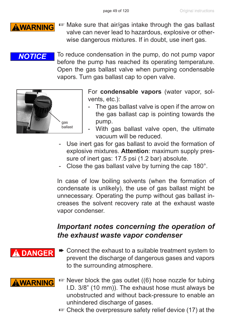 Important notes concerning the operation of, The exhaust waste vapor condenser, Notice | VACUUBRAND PC 3001 VARIOpro emission condenser Peltronic User Manual | Page 49 / 120