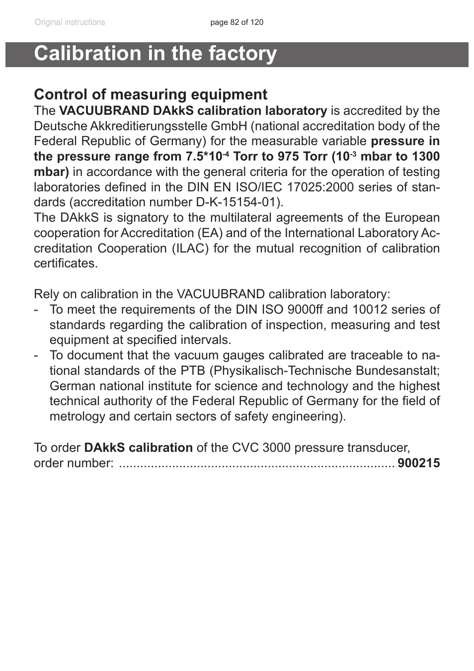 Calibration in the factory, Control of measuring equipment | VACUUBRAND PC 3001 VARIOpro emission condenser Peltronic User Manual | Page 82 / 120