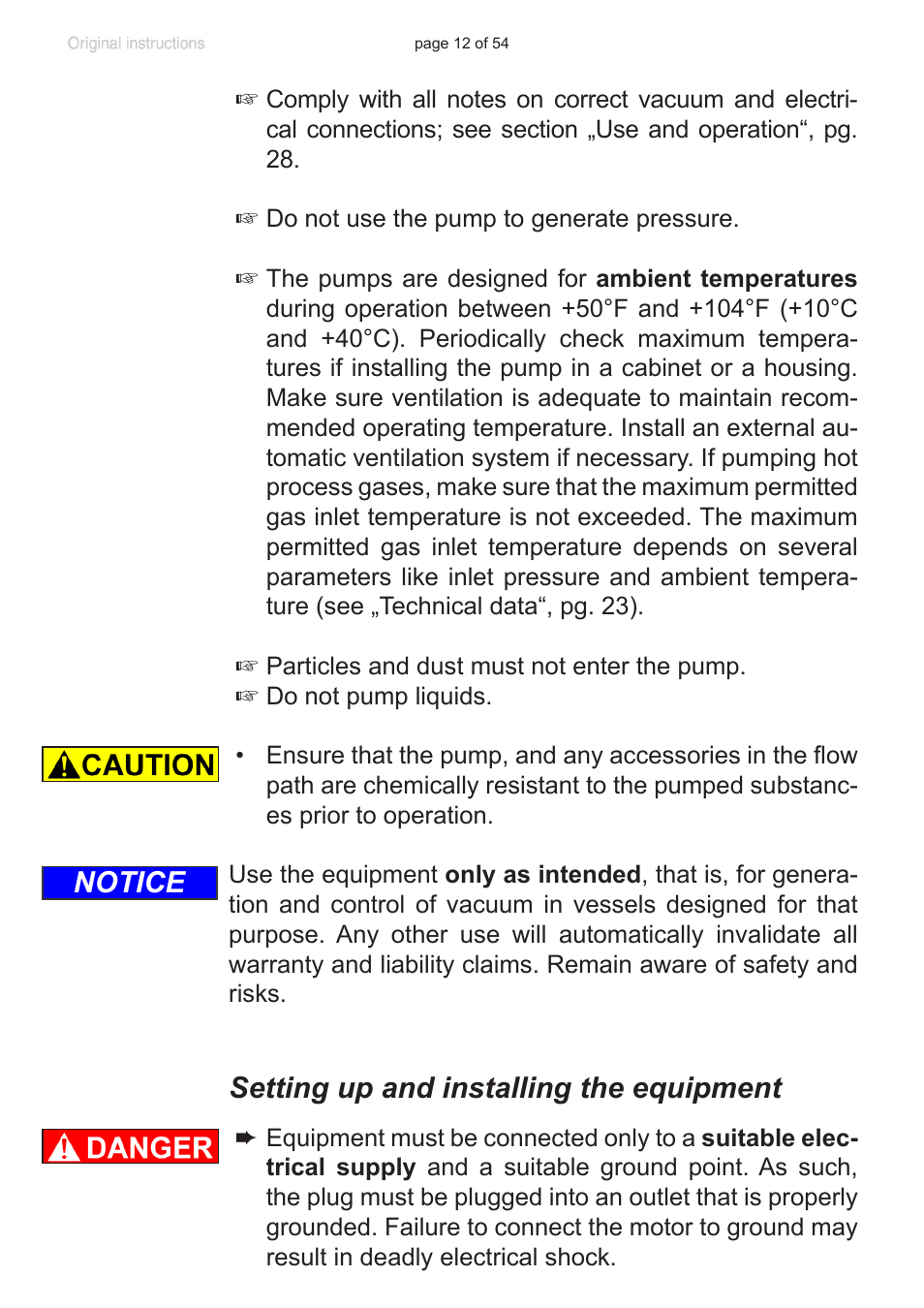 Setting up and installing the equipment, Notice | VACUUBRAND PC 3001 basic pro User Manual | Page 12 / 54