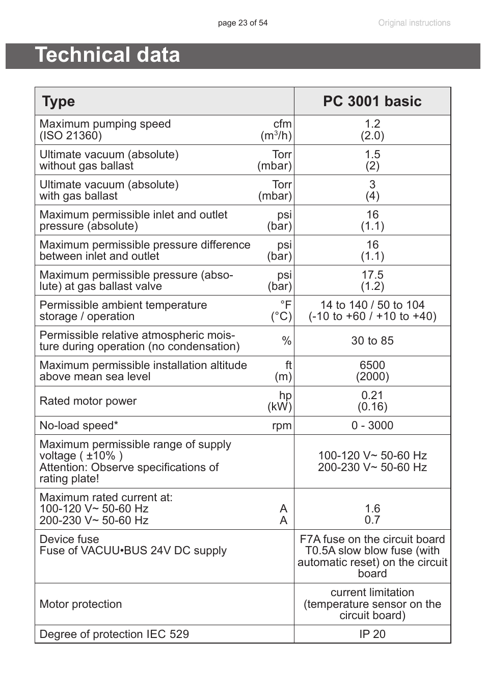 Technical data, Protection, „technical data“, pg. 23), Type pc 3001 basic | VACUUBRAND PC 3001 basic pro User Manual | Page 23 / 54