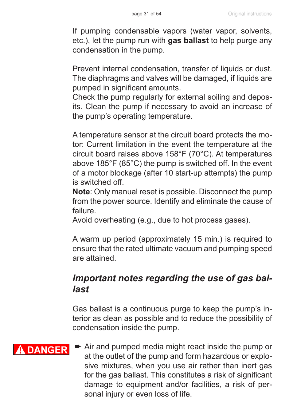 Important notes regarding the use of gas ballast | VACUUBRAND PC 3001 basic pro User Manual | Page 31 / 54