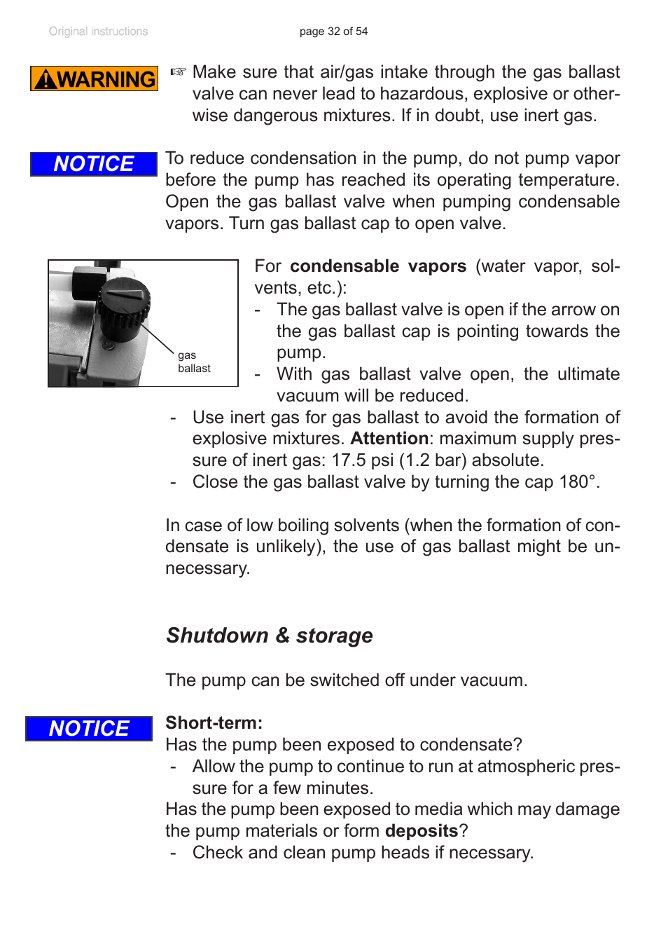 Shutdown & storage, Notice | VACUUBRAND PC 3001 basic pro User Manual | Page 32 / 54