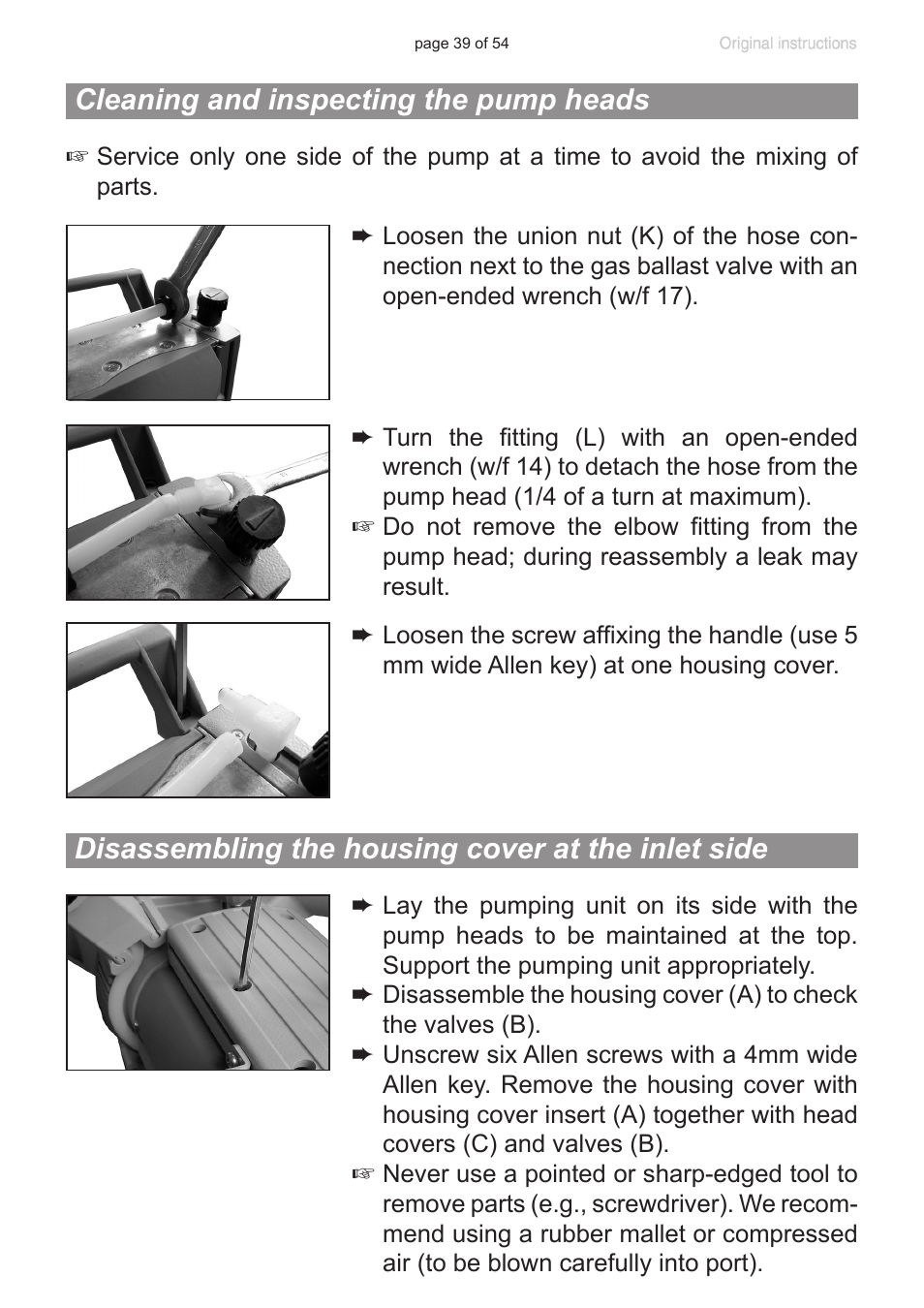 Cleaning and inspecting the pump heads, Disassembling the housing cover at the inlet side | VACUUBRAND PC 3001 basic pro User Manual | Page 39 / 54