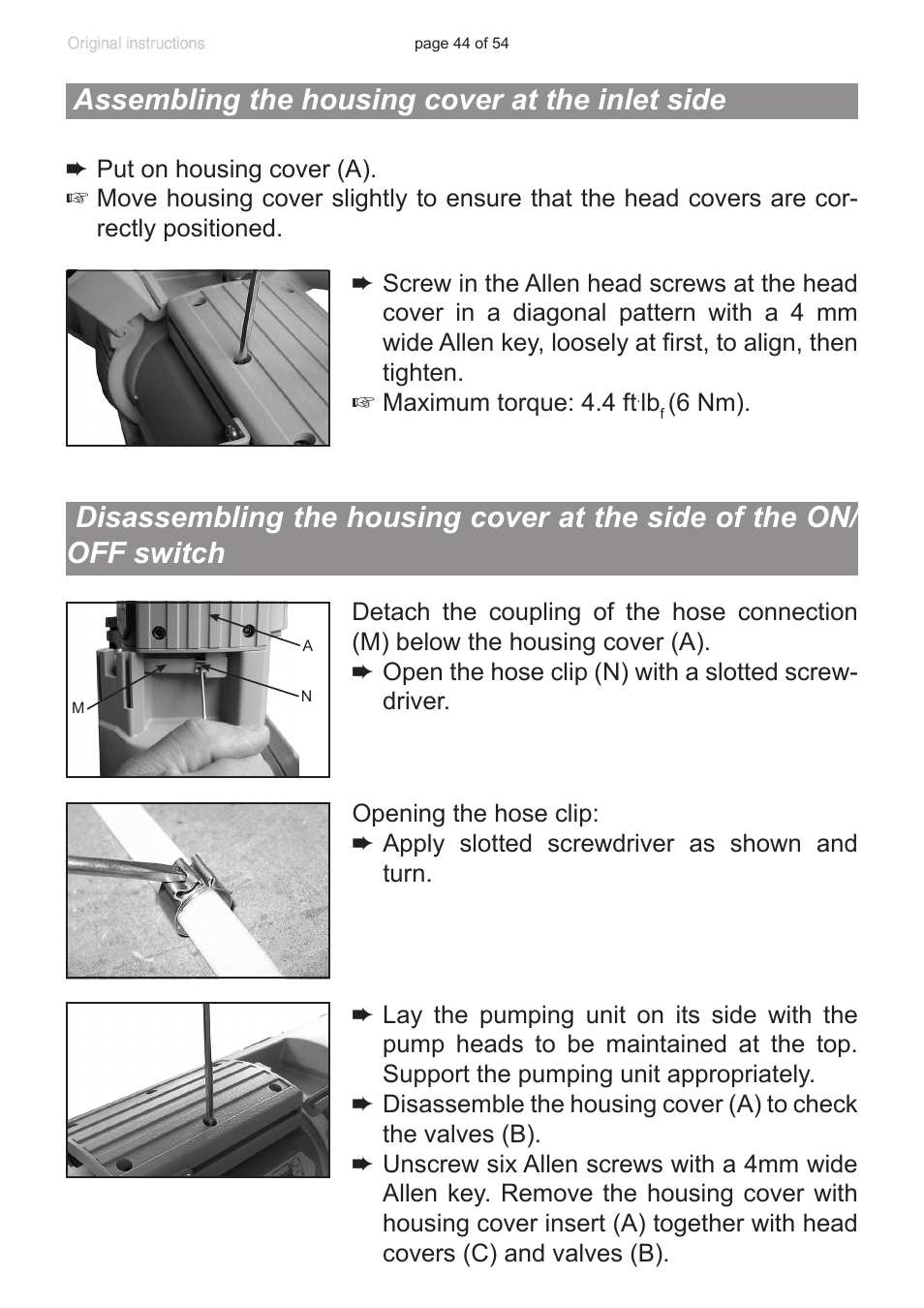 Assembling the housing cover at the inlet side, Disassembling the housing cover, At the side of the on/off switch | VACUUBRAND PC 3001 basic pro User Manual | Page 44 / 54