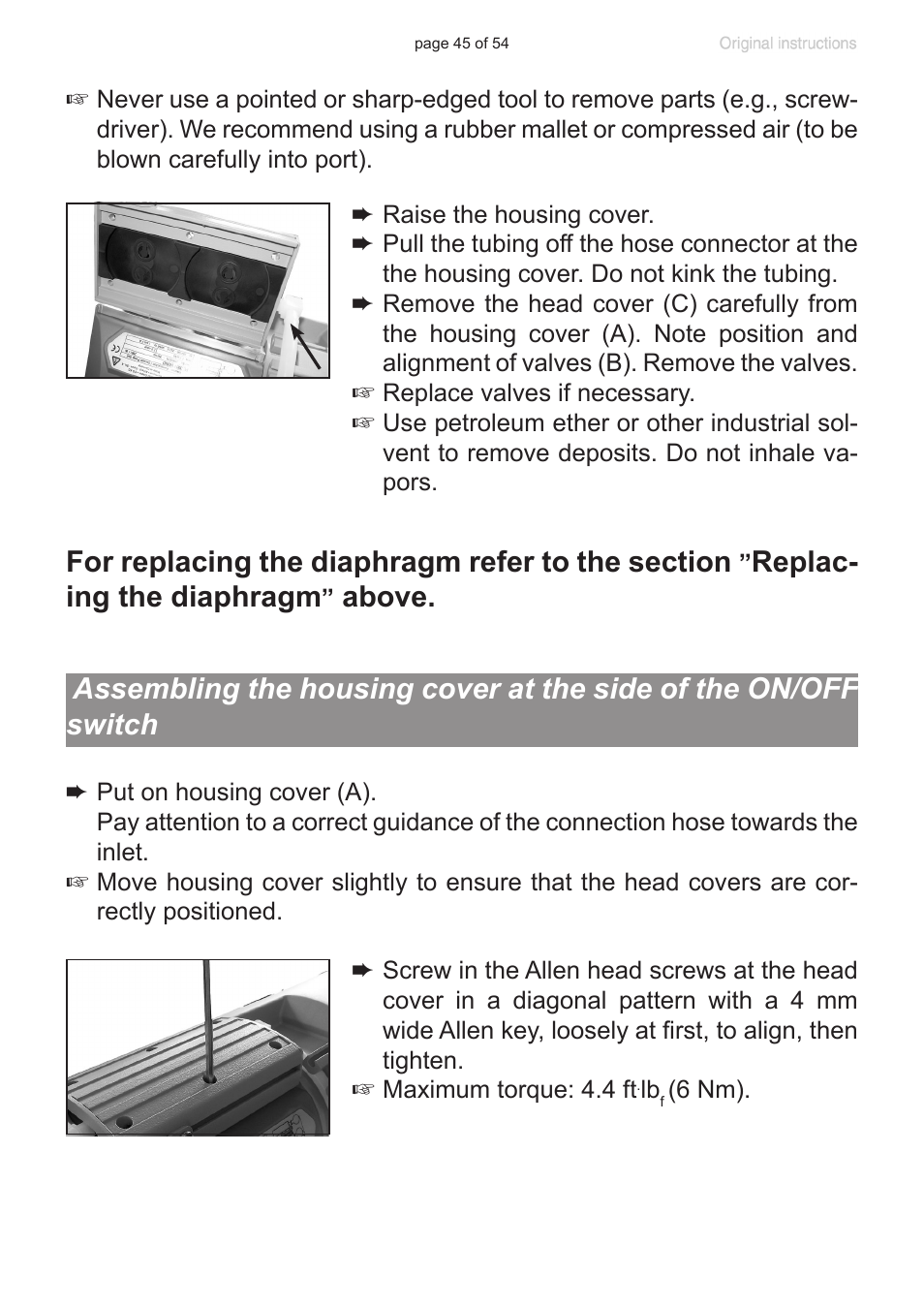 Replac- ing the diaphragm, Above | VACUUBRAND PC 3001 basic pro User Manual | Page 45 / 54