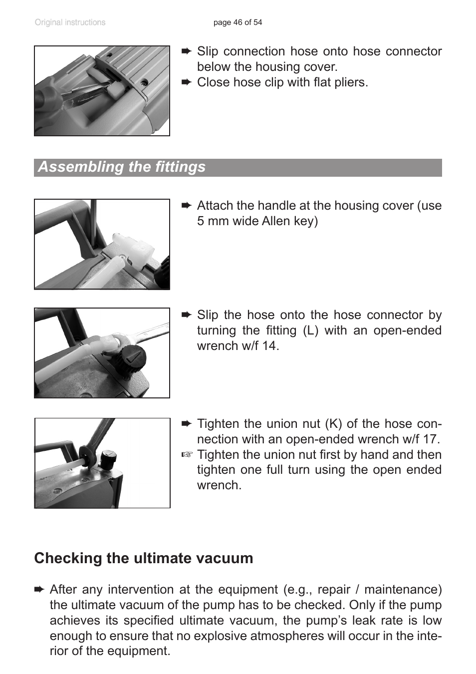 Assembling the fittings, Checking the ultimate vacuum | VACUUBRAND PC 3001 basic pro User Manual | Page 46 / 54