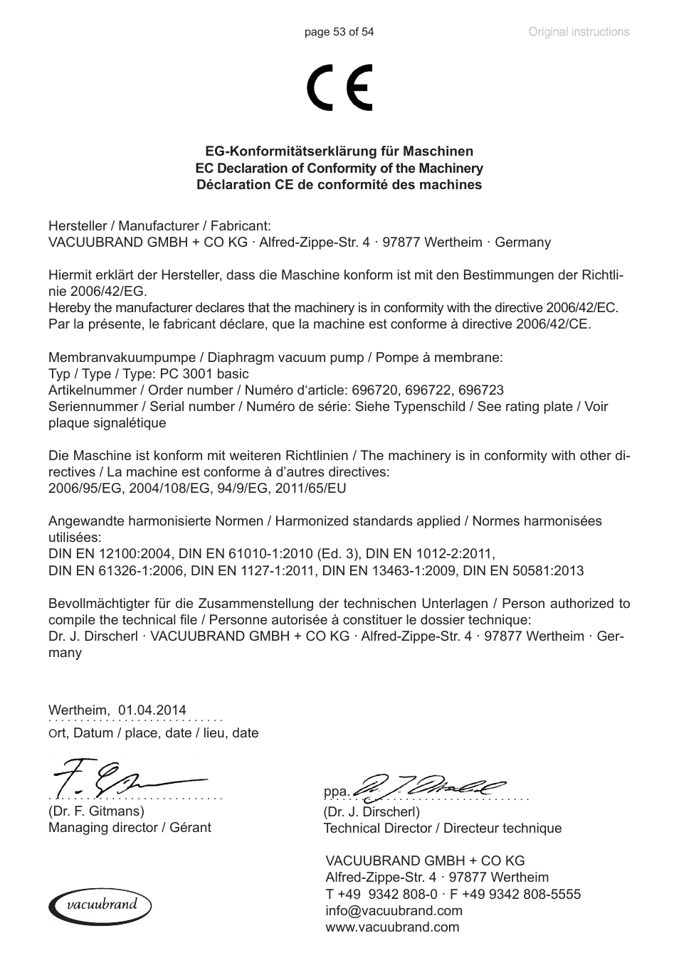 Ec declaration of conformity of the machinery | VACUUBRAND PC 3001 basic pro User Manual | Page 53 / 54