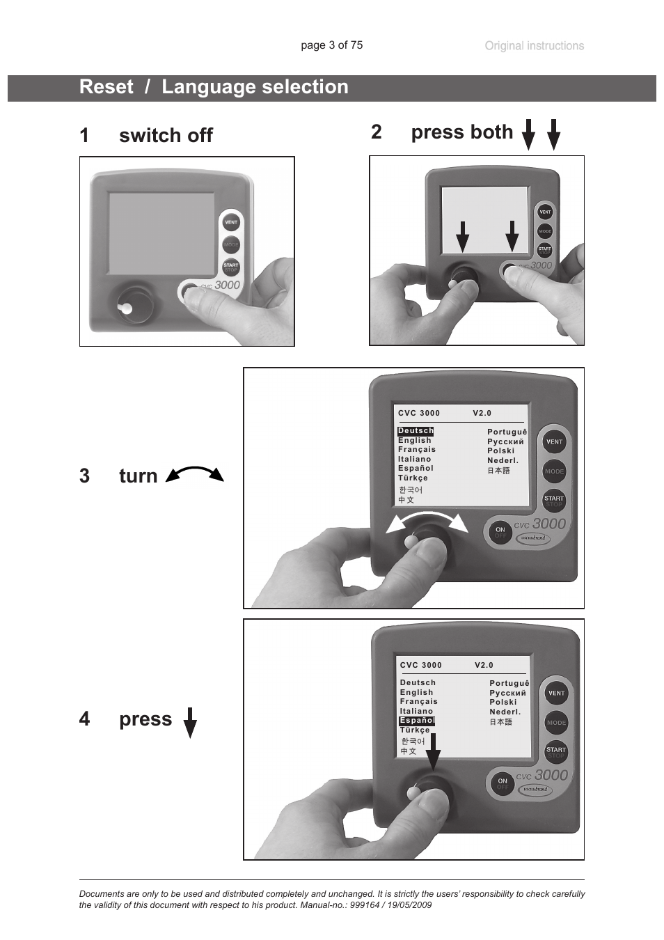 Reset / language selection | VACUUBRAND PC 3012 VARIO User Manual | Page 3 / 75