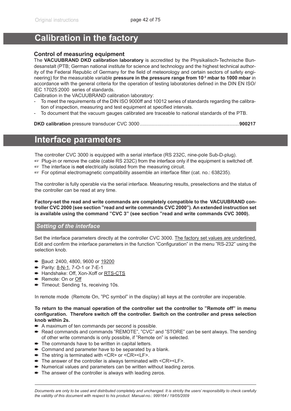 Calibration in the factory, Interface parameters, Setting of the interface | VACUUBRAND PC 3012 VARIO User Manual | Page 42 / 75