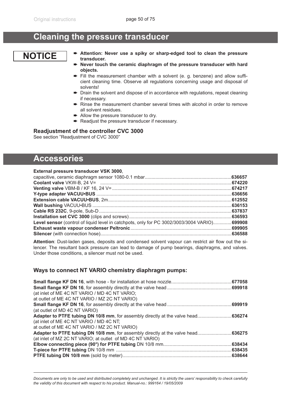 Cleaning the pressure transducer, Accessories, Notice | VACUUBRAND PC 3012 VARIO User Manual | Page 50 / 75