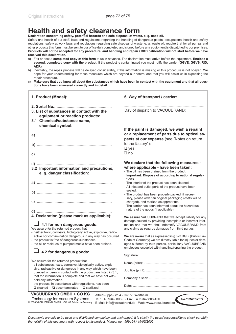 Health and safety clearance form | VACUUBRAND PC 3012 VARIO User Manual | Page 72 / 75