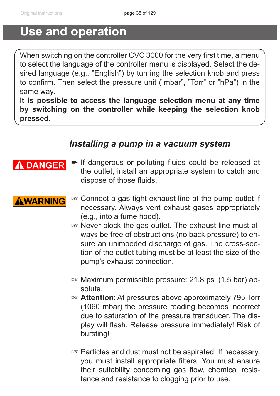 Use and operation, Installing a pump in a vacuum system | VACUUBRAND PC 3012 VARIO plastic housing User Manual | Page 38 / 129