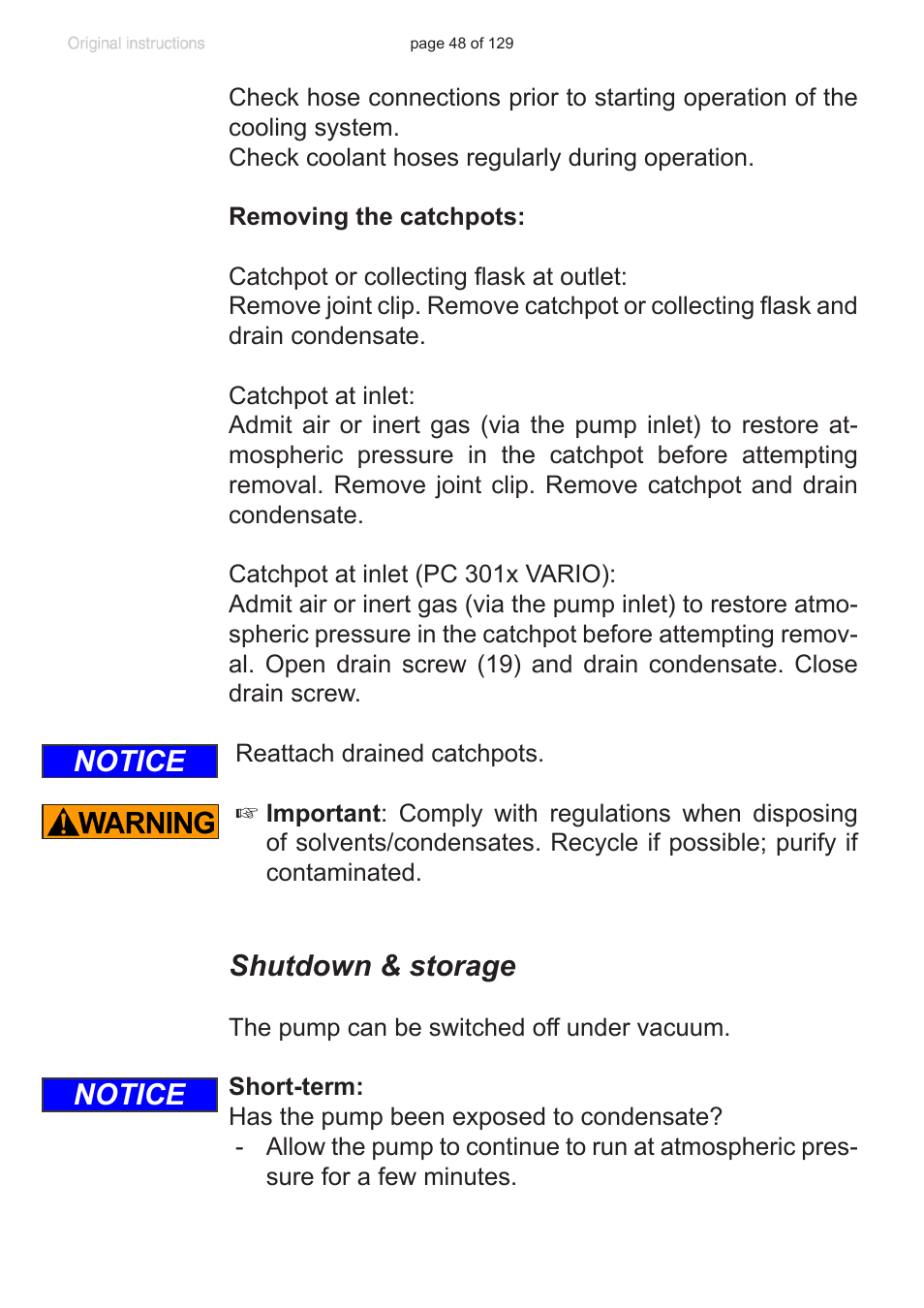 Shutdown & storage, Notice | VACUUBRAND PC 3012 VARIO plastic housing User Manual | Page 48 / 129