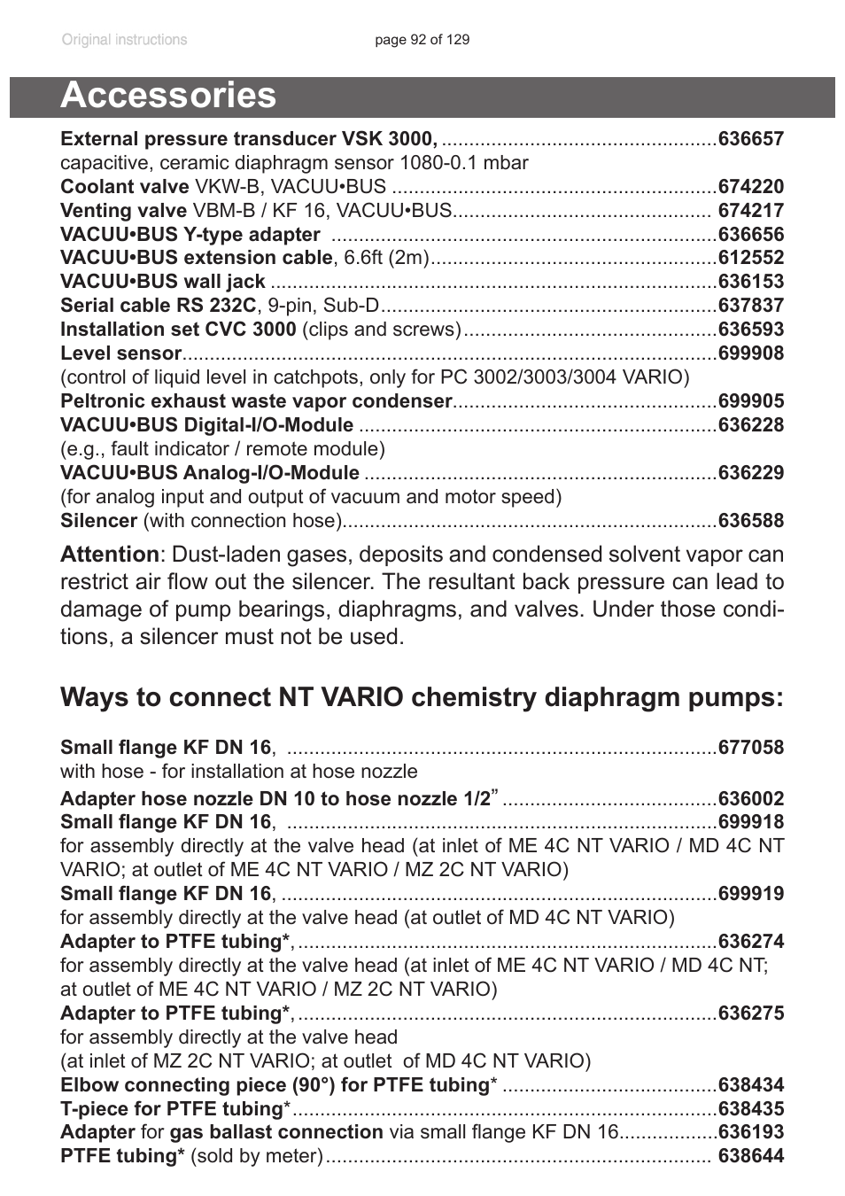 Accessories, Cessories”, pg. 92), Accessories”, pg | Ways to connect nt vario chemistry diaphragm pumps | VACUUBRAND PC 3012 VARIO plastic housing User Manual | Page 92 / 129