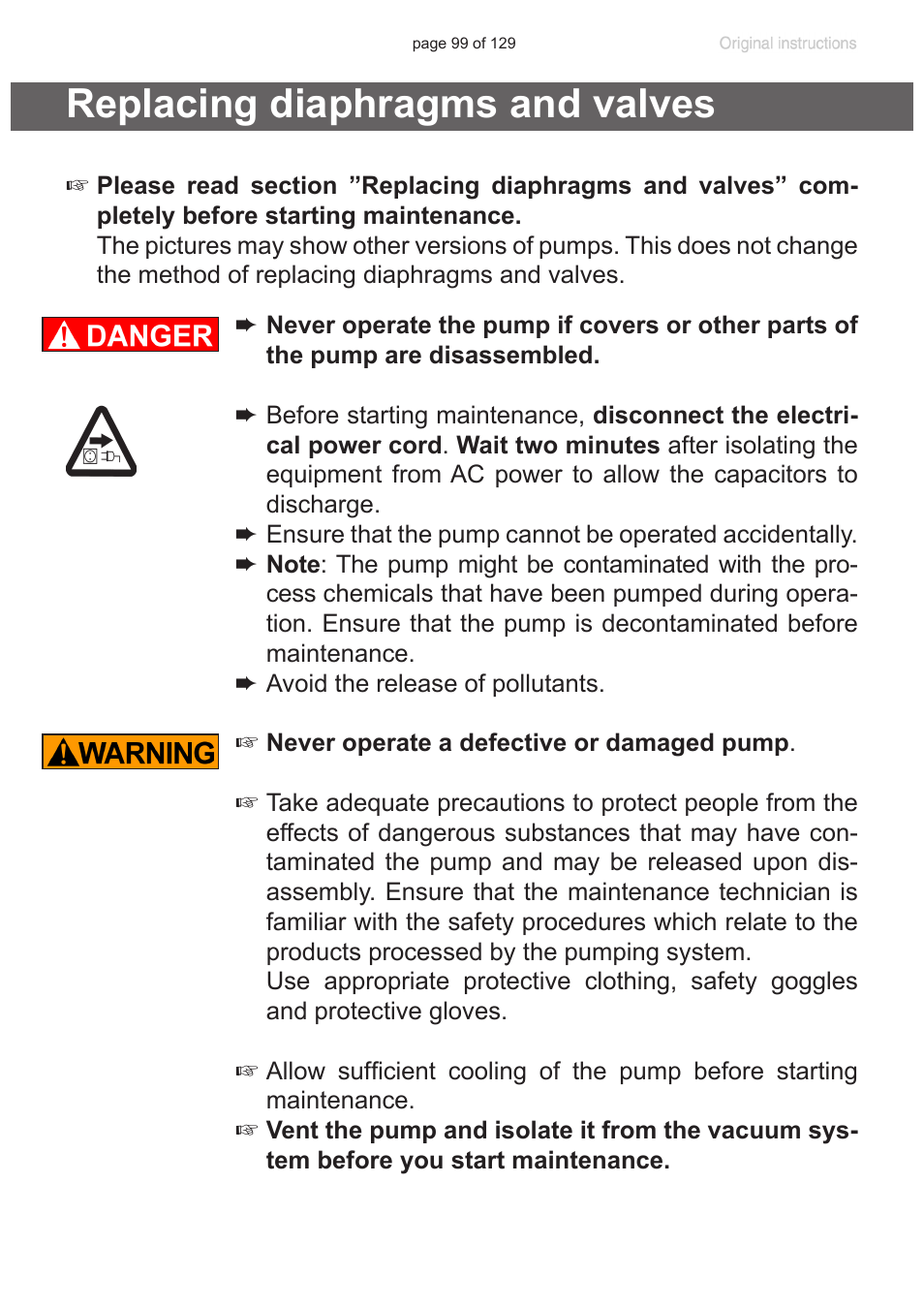 Replacing diaphragms and valves, See section “re, Placing diaphragms and valves”, pg. 99) | VACUUBRAND PC 3012 VARIO plastic housing User Manual | Page 99 / 129