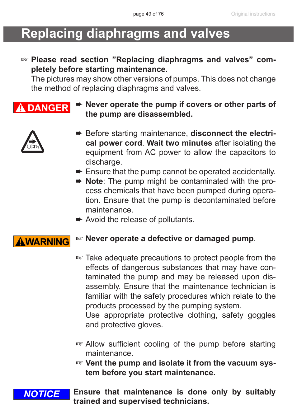 Replacing diaphragms and valves, Notice | VACUUBRAND MZ 2C NT VARIO without controller (o.C.) User Manual | Page 49 / 76
