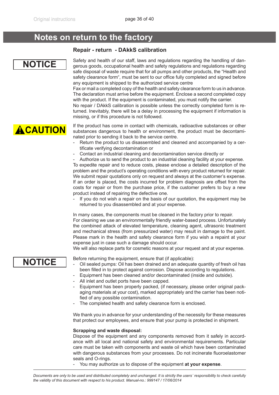 Notes on return to the factory, Notice | VACUUBRAND PC 301 User Manual | Page 36 / 40