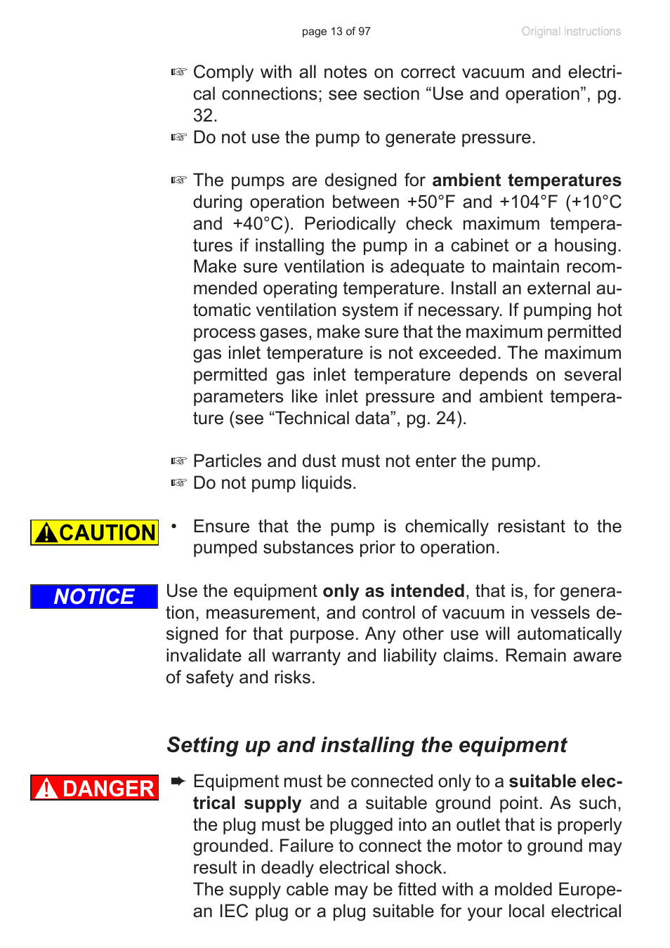 Setting up and installing the equipment, Notice | VACUUBRAND MV 10C NT VARIO o.C. User Manual | Page 13 / 97