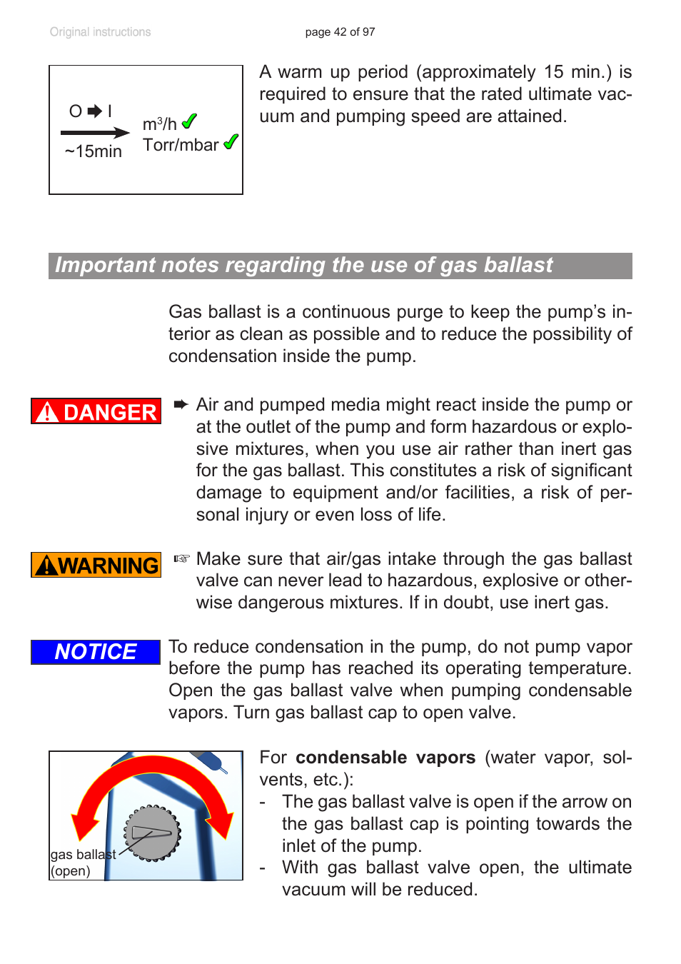 Important notes regarding the use of gas ballast, Notice | VACUUBRAND MV 10C NT VARIO o.C. User Manual | Page 42 / 97