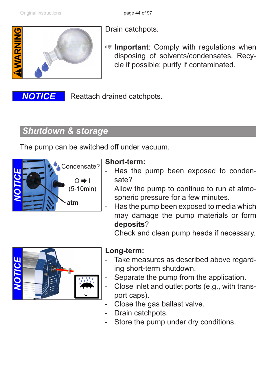Shutdown & storage, Notice shutdown & storage, Notice | VACUUBRAND MV 10C NT VARIO o.C. User Manual | Page 44 / 97